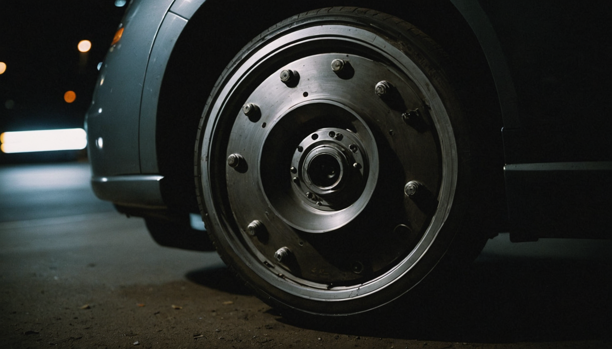 Close-up of a brake rotor and caliper assembly on a clean shop workbench under bright lighting