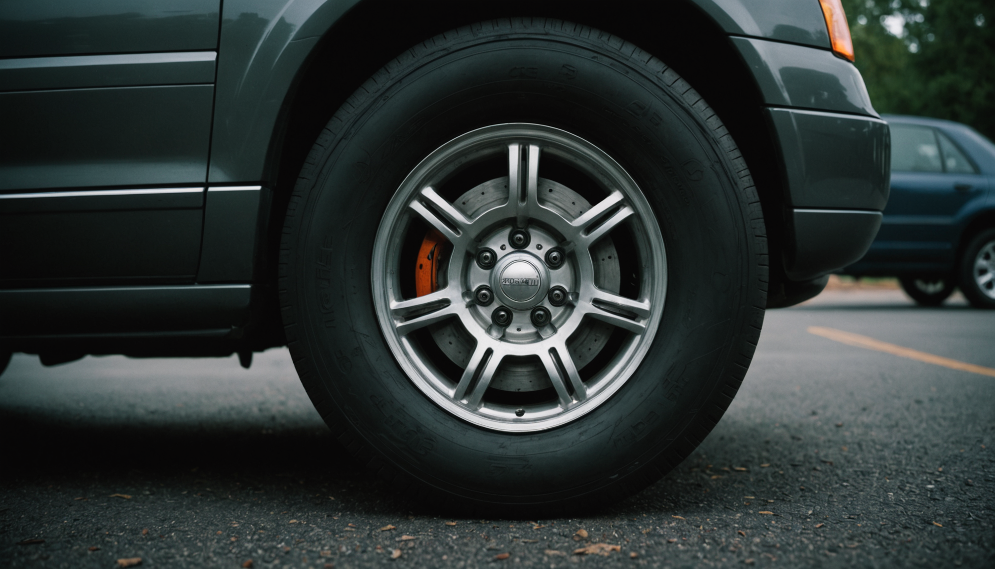 Close-up of fresh tire tread on a rotated wheel inside a bright Raleigh auto shop bay